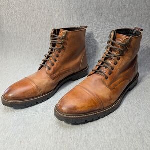 Base London Men’s Tan Brown Leather Cap-Toe Lace-Up Boots